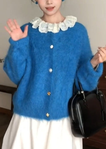 Style Blue O-neck Patchwork Button Ma Hai Mao Cotton Knit Cardigans Fall
