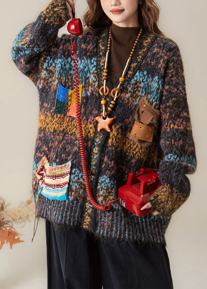 Gradient Color V Neck Button Patchwork Knit Coat Spring