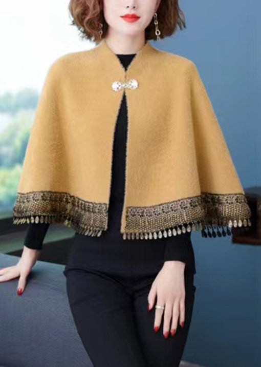 Yellow Stand Collar Tasseled Pockets Patchwork Mink Velvet Coats Fall