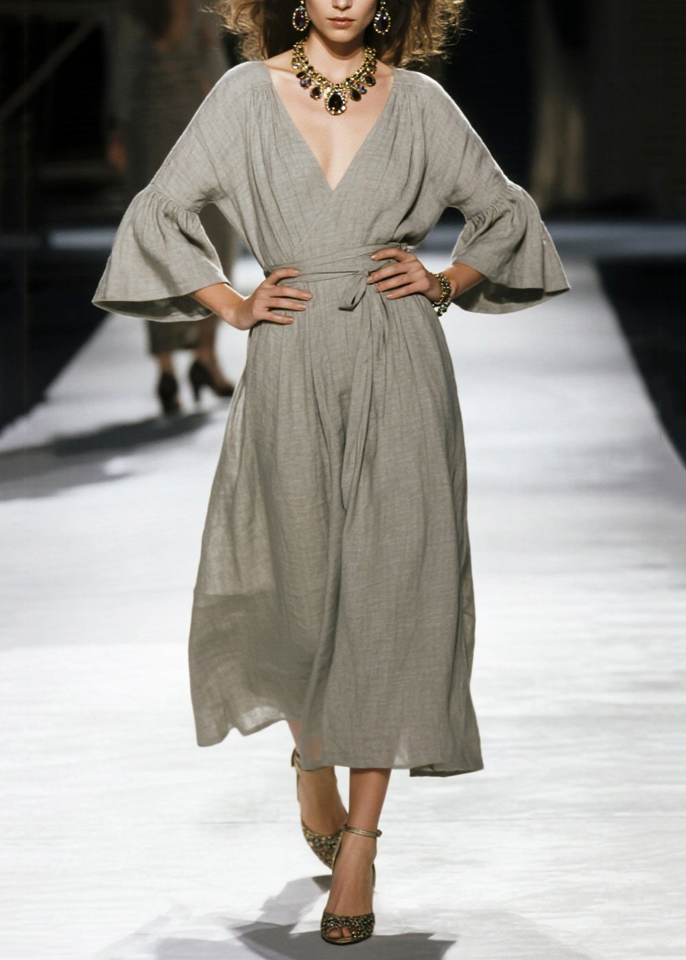 Grey Cinched Linen Robe Dresses Flare Sleeve