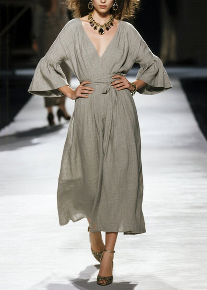 Grey Cinched Linen Robe Dresses Flare Sleeve