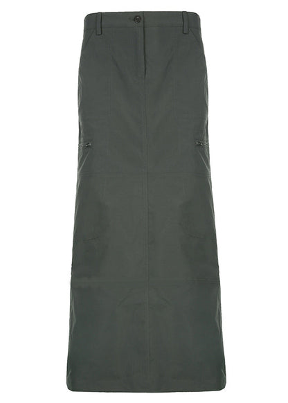 Grey Pockets Side Open Patchwork Cotton Maxi Skirts Fall