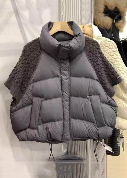 Loose Beige Zip Up Drawstring Knit Patchwork Duck Down Down Coats