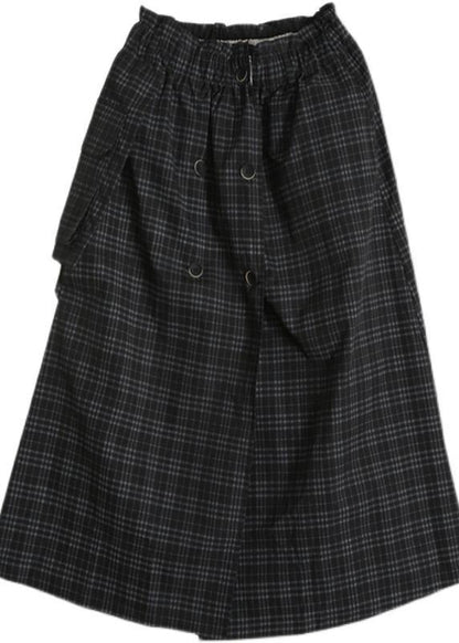 Black Plaid Button Pockets Summer Cotton Skirts