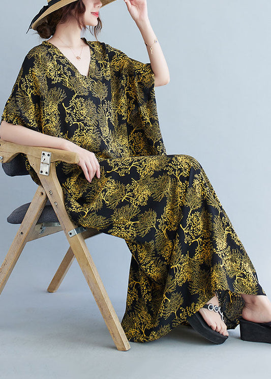 Black V Neck Yellow Print Cotton Vacation Dresses Caftan Batwing Sleeve