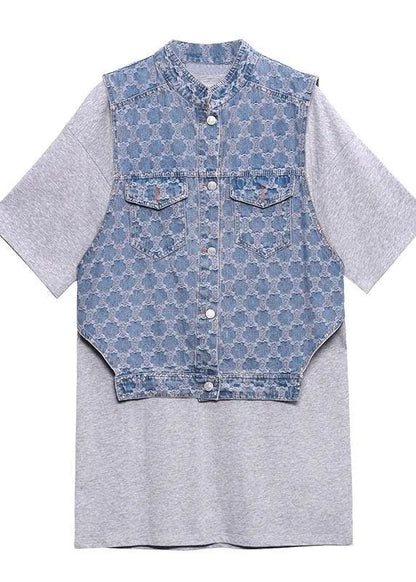 Two Piece Blue Black Denim Vest With Loose and Fashionable Skirt
