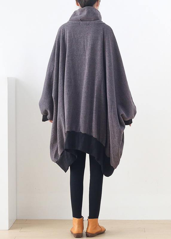 Gray Tunic Pattern Outfits High Neck Zippered Fall Coat