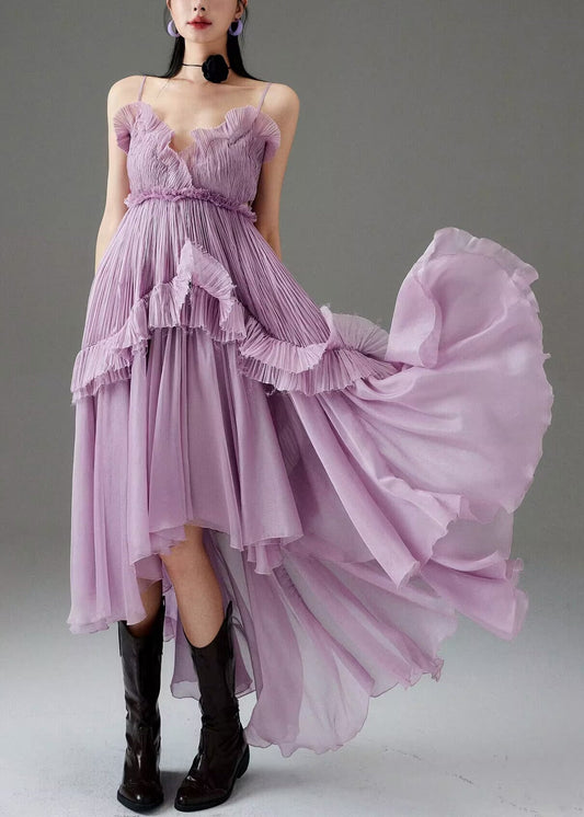 Purple Ruffled Low High Design Chiffon Spaghetti Strap Dress Sleeveless