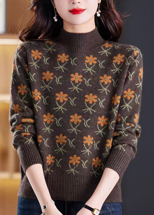 Jacquard Coffee Turtleneck Cozy Knit Sweaters Spring