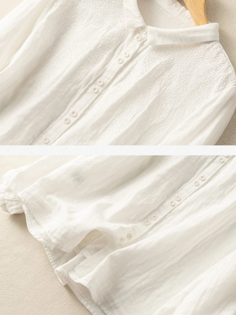 Embroidered Long Sleeve Linen Shirt Top