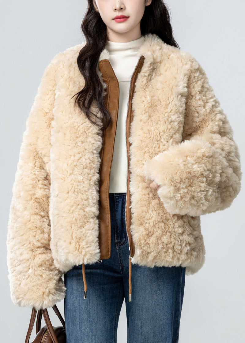 Loose Caramel Zip Up Pockets Wear on Both Sides Teddy Faux Fur Coats Winter