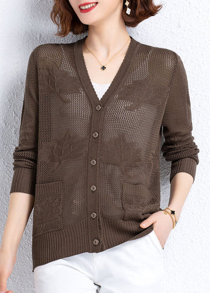 Khaki Hollow Out Embroidered Patchwork Thin Knit Cardigan Fall