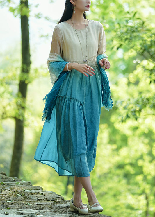 Gradient Color O-neck Ruffled Cotton Long Dresses Bracelet Sleeve