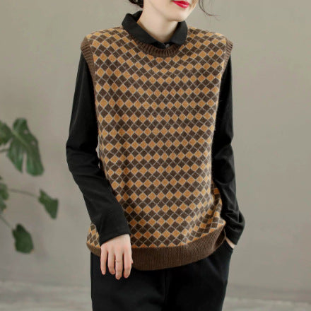 Plaid Round Neck Warm Knitted Sweater Vest