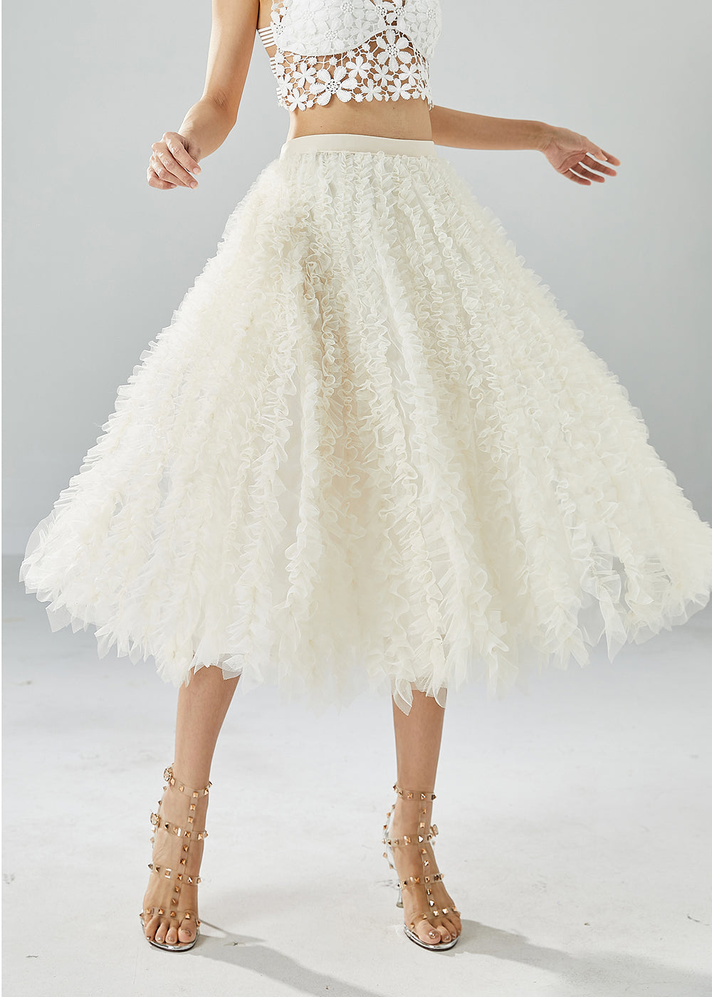 Fine White Ruffled Exra Large Hem Tulle a Line Skirt Summer