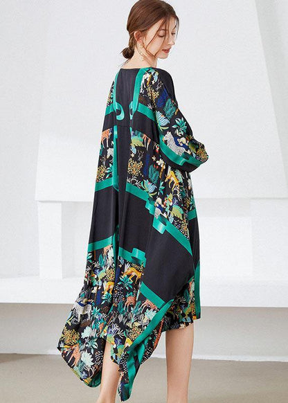 Black Green V Neck Print Fall Long Dresses