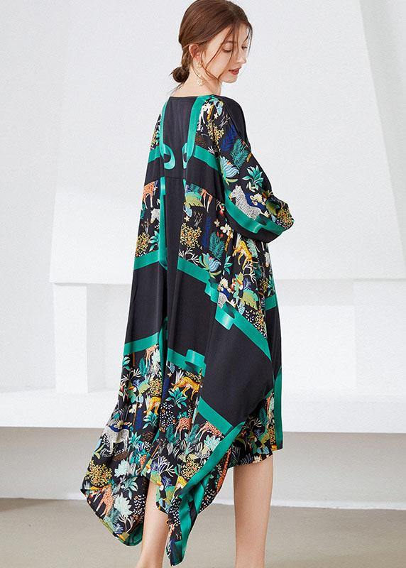 Black Green V Neck Print Fall Long Dresses