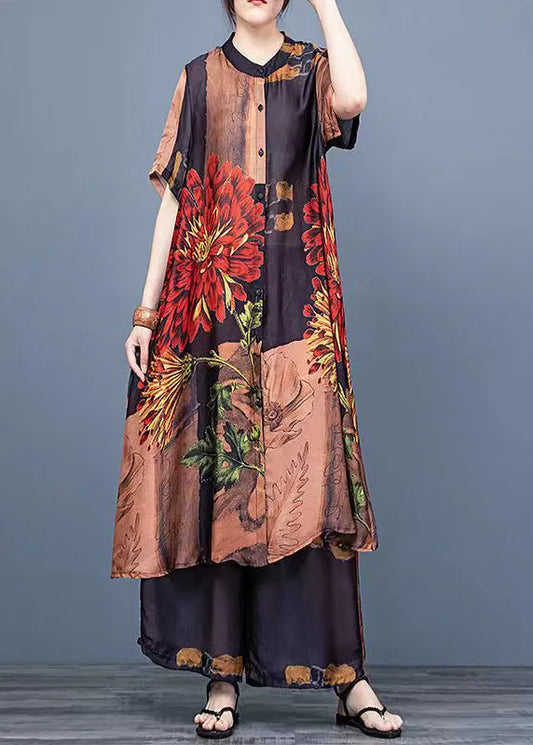 Coffee Print Silk Shirt Dress and Wide Leg Pants Two Pieces Set Thin Half Sleeve