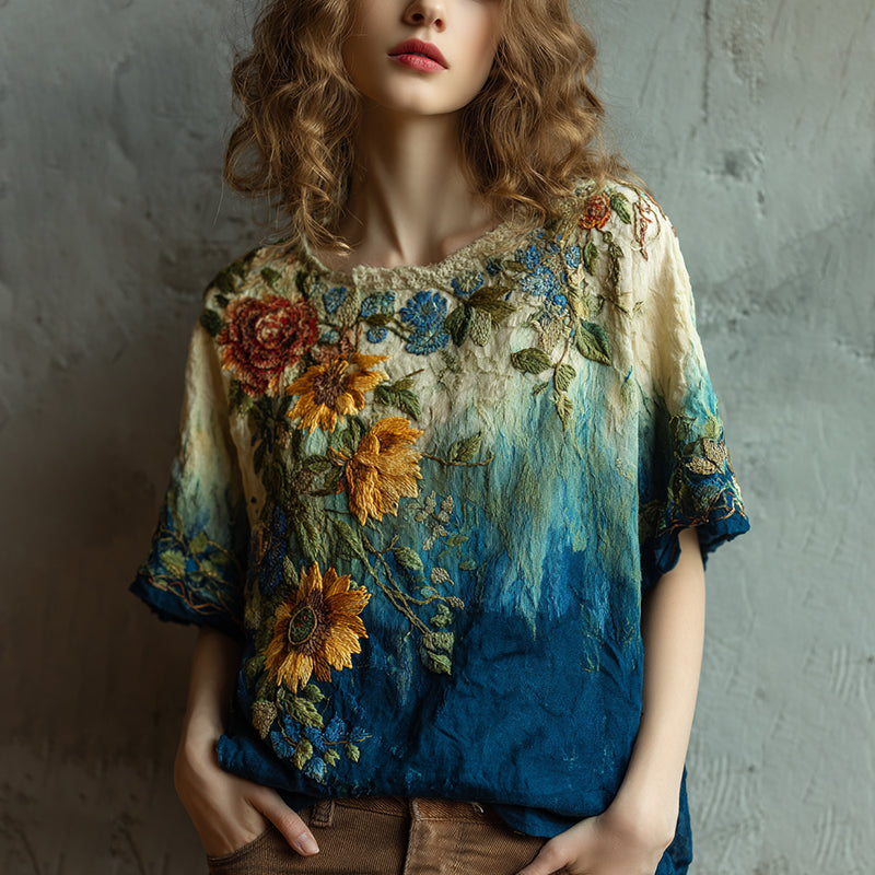 Women‘s Vintage Flower Embroidery Gradient Round Neck Linen Blend T-shirt elevenforest