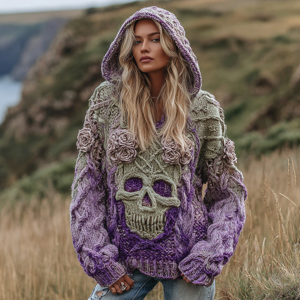 Women's Rose And Skull Inspired Cable Knit Jacquard Hooded Sweater artswardrobe