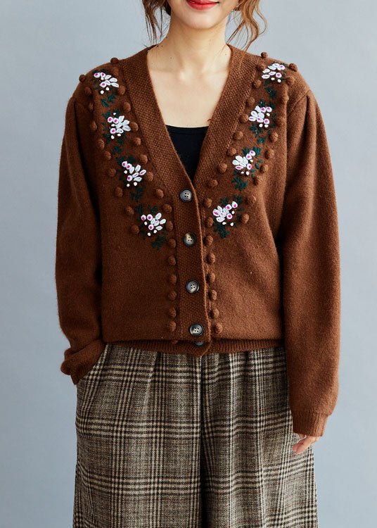 Fitted Coffee Embroideried Button Knit Sweaters Coat Winter