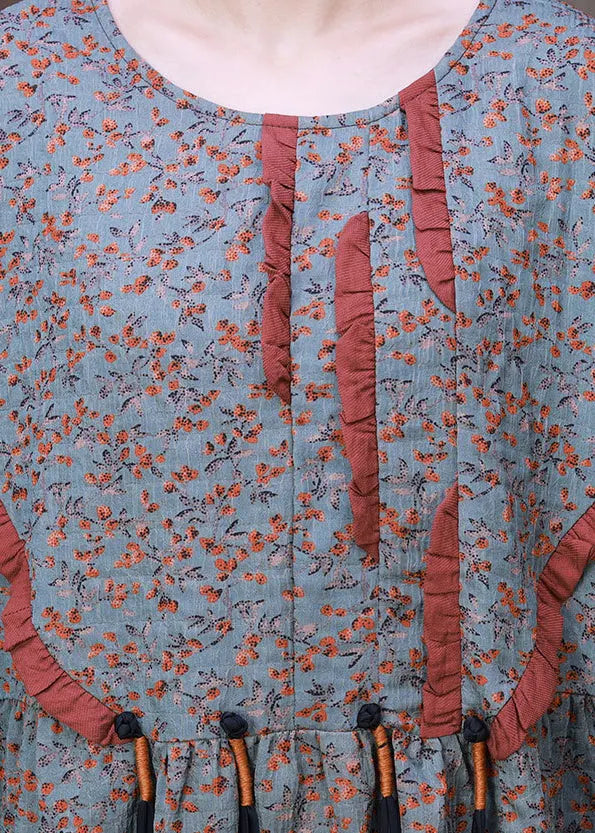 Style O-neck Print Wrinkled Silk Ankle Dress Long Sleeve