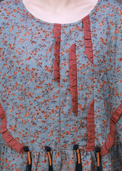 Style O-neck Print Wrinkled Silk Ankle Dress Long Sleeve