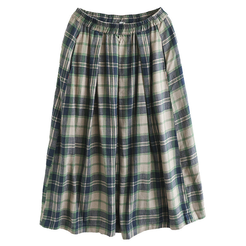 Cotton and Linen Check Elastic High Waist A-line Skirt