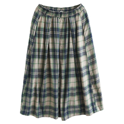 Cotton and Linen Check Elastic High Waist A-line Skirt
