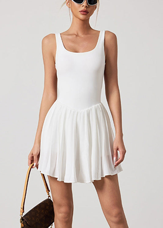 White U Neck Wrinkled Tennis Dress Sleeveless