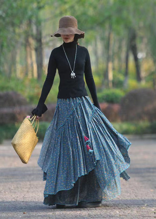 Blue Asymmetrical Print Elastic Waist Cotton Skirts Spring