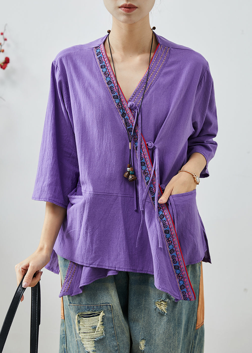 Purple Embroidered Patchwork Cotton Top Summer