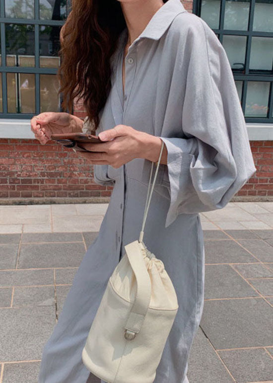 Grey Blue Button Cotton Shirt Dress