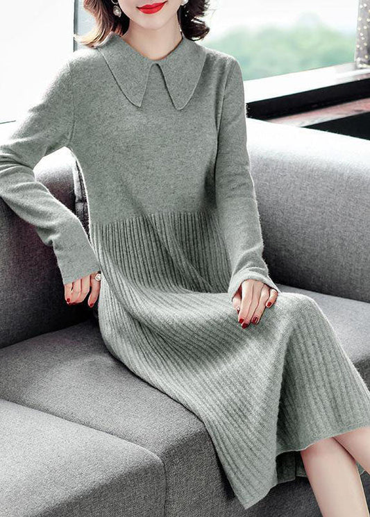 Modern Green Color Peter Pan Collar Wrinkled Knit Sweater Dress Long Sleeve