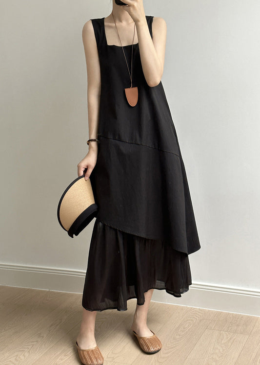 Simple Black Asymmetrical Pockets Cotton Long Dress Summer