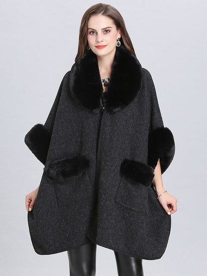 Poncho Knitwear Faux Fur Coat Shawl Collar Sweaters