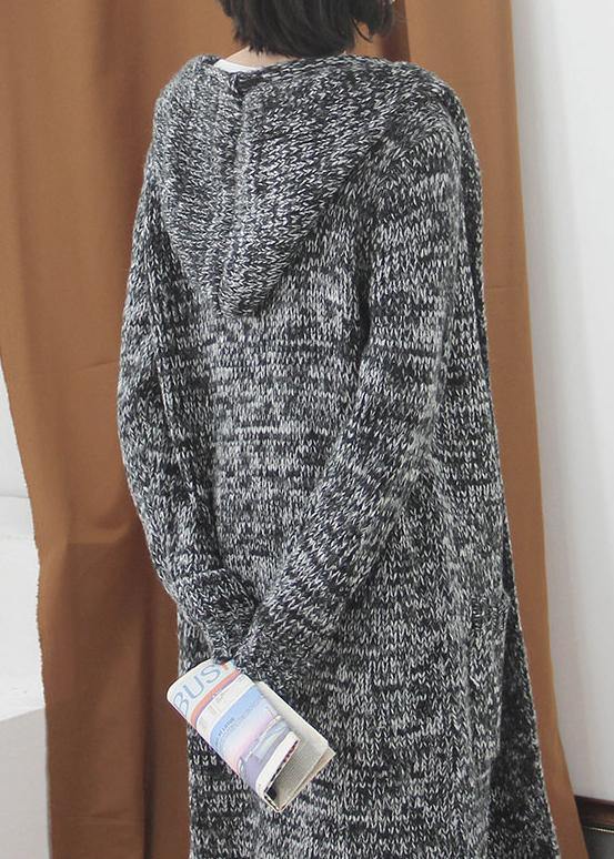 Fall Knitted Coat Gray Hooded Pockets Sweater Coat