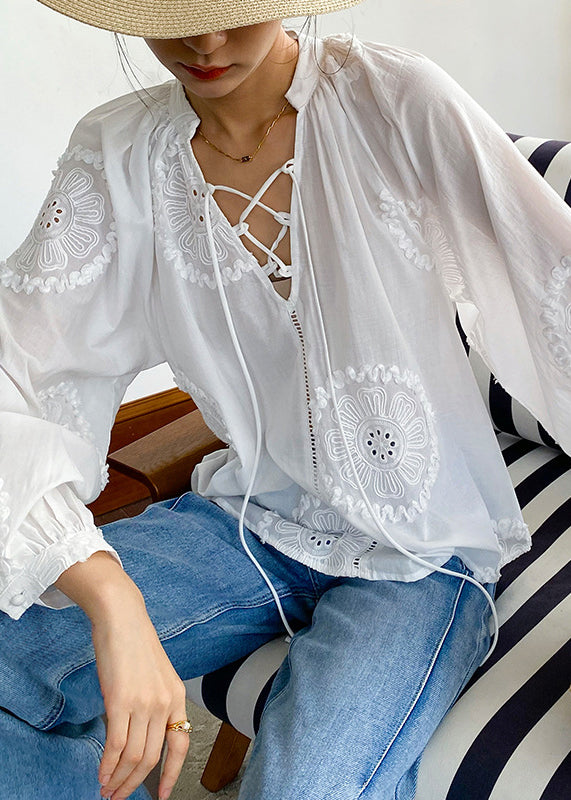 White Embroidered Hollow Out Lace Up Cotton Blouses Spring