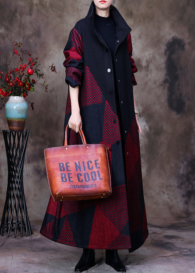 Mulberry Stand Collar Asymmetrical Patchwork Button Woolen Maxi Coat Long Sleeve