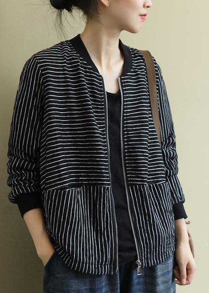 Street Black Striped Zippered Pockets Fall Jacket Long Sleeve