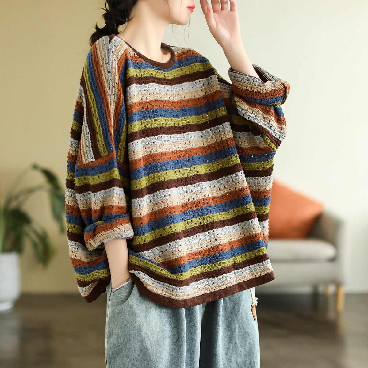 Autumn Color Matching Stripe Knitted Sweater