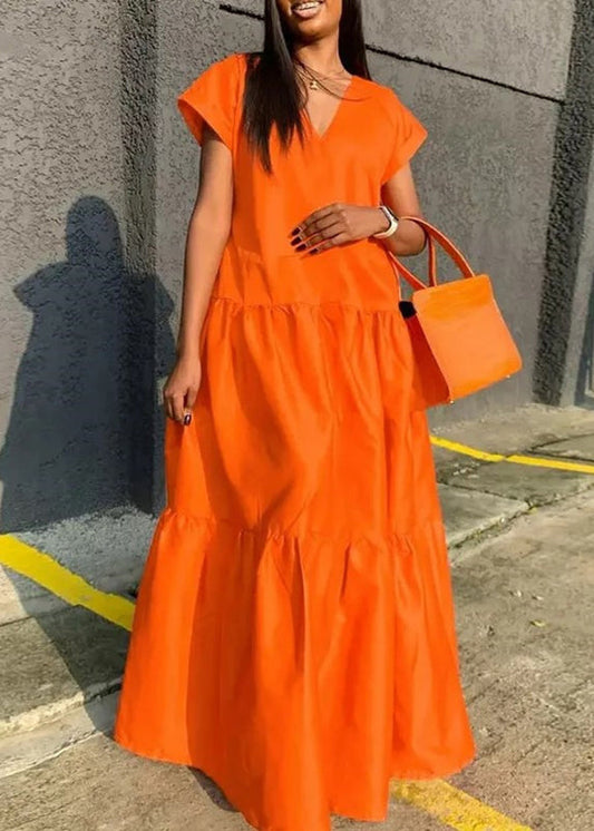 Orange V Neck Patchwork Long Dress Summer