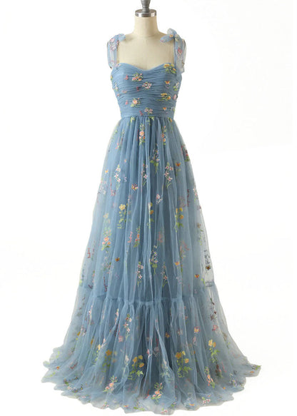Boutique Blue Embroidered Lace Up Tulle Long Dresses Summer