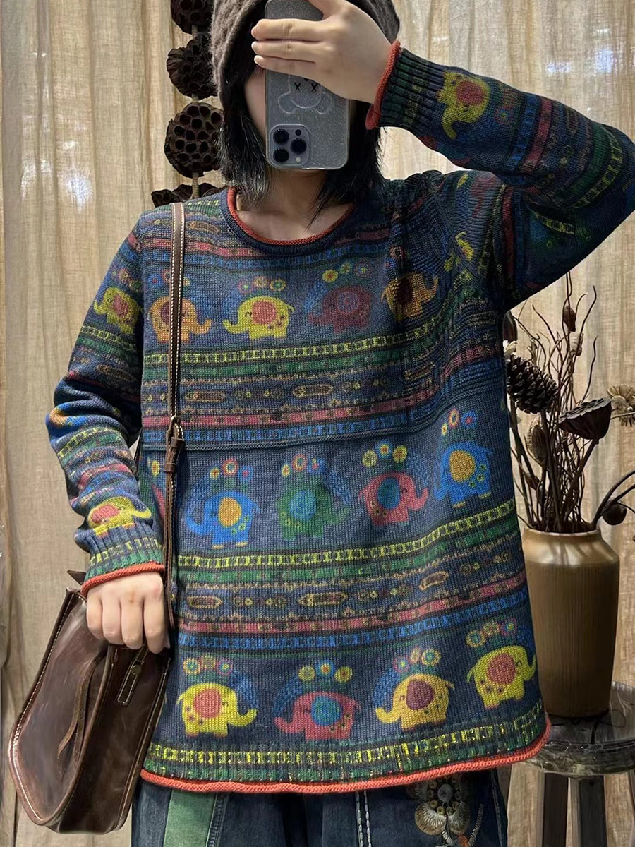 Winter Cotton Print O-neck Loose Sweater