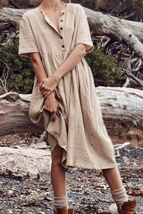 Button O Neck Midi Dress