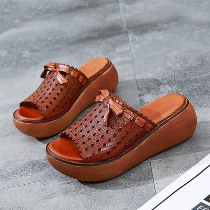Leather Hollow Out Wedge Slippers