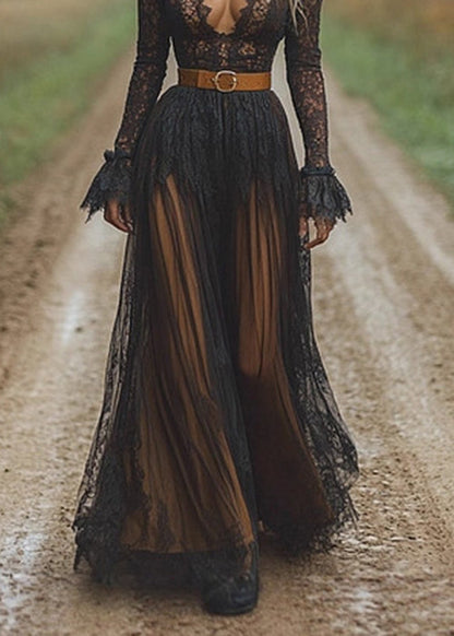 Slim Fit Black V Neck Hollow Out Lace Long Dress Spring