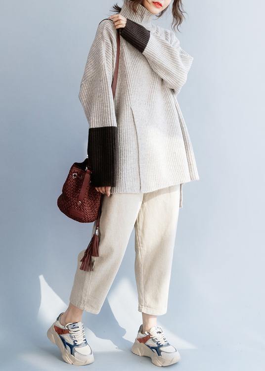 For Beige Knitted Top High Neck Knit Wear Front Open