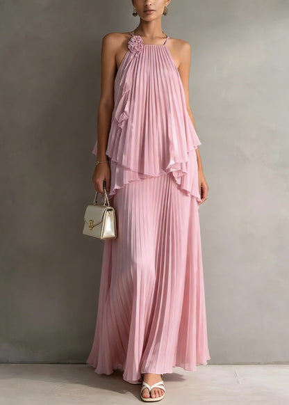 Holiday Style Pink Pleated Top and Skirts Chiffon Two Pieces Set Summer