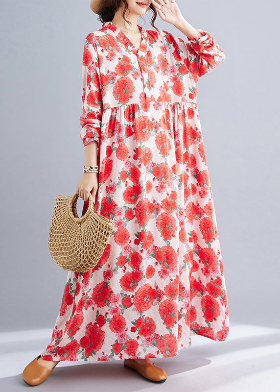 Red Oversized Print Cotton Holiday Dresses Spring